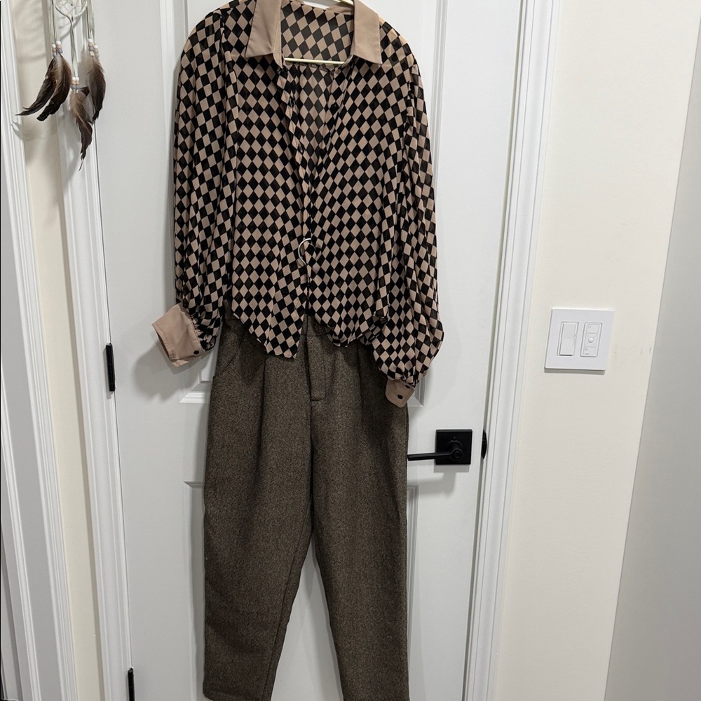 Checkered Button-Up Shirt and Tweed Pants Set